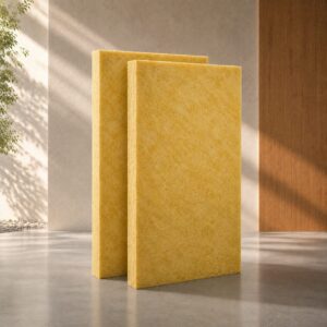 Panel de lana de vidrio de 2 pulgadas de espesor colocadas una detrás de la otra sobre un fondo arquitectónico minimalista.