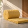 Rollo de lana de vidrio acústica de 11 kg/m³ parcialmente desenrollado en perspectiva sobre un fondo arquitectónico minimalista.