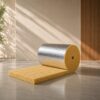 Rollo de lana de vidrio para ductos con recubrimiento de aluminio parcialmente desenrollado sobre un fondo arquitectónico minimalista.