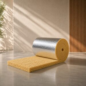 Rollo de lana de vidrio para ductos con recubrimiento de aluminio parcialmente desenrollado sobre un fondo arquitectónico minimalista.