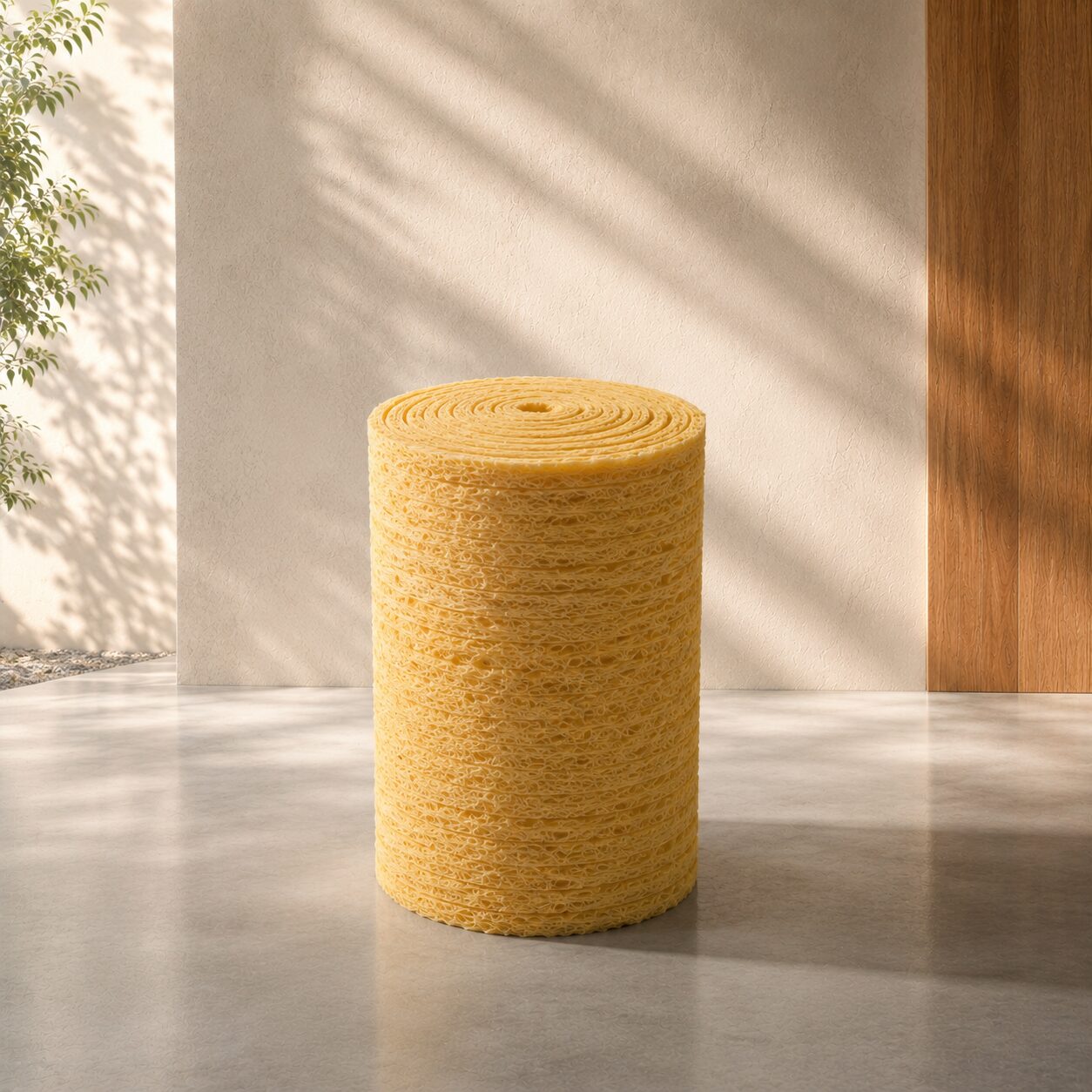 Rollo de lana de vidrio térmica de 14 kg/m3 color amarillo colocado verticalmente sobre un fondo arquitectónico minimalista.