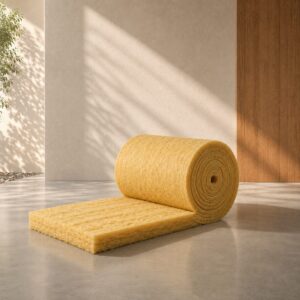 Rollo de lana de vidrio para alta temperatura parcialmente desenrollado sobre un piso de concreto en un ambiente arquitectónico minimalista.